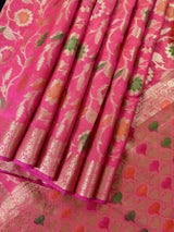 Deep Pink Color Semi Banarasi Silk Saree with Floral Jaal and Meenakari Weaving with undertone of Peach | Brocade Blouse | Banarasi Sarees