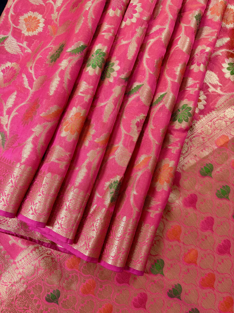 Deep Pink Color Semi Banarasi Silk Saree with Floral Jaal and Meenakari Weaving with undertone of Peach | Brocade Blouse | Banarasi Sarees