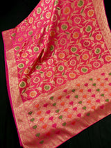Deep Pink Color Semi Banarasi Silk Saree with Floral Jaal and Meenakari Weaving with undertone of Peach | Brocade Blouse | Banarasi Sarees