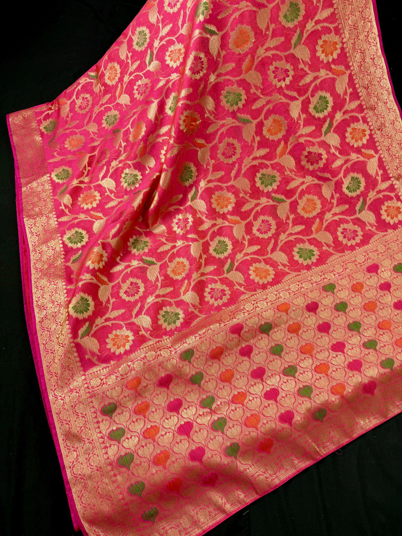 Deep Pink Color Semi Banarasi Silk Saree with Floral Jaal and Meenakari Weaving with undertone of Peach | Brocade Blouse | Banarasi Sarees