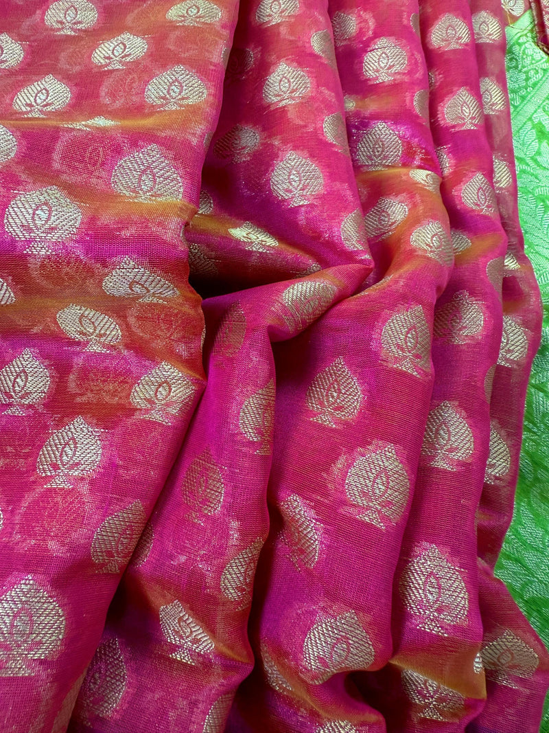 Handmade Peach Pink Color Banarasi Kora Organza Silk Saree with Meenakari Floral Border Work | Banarasi Light Weight Sarees