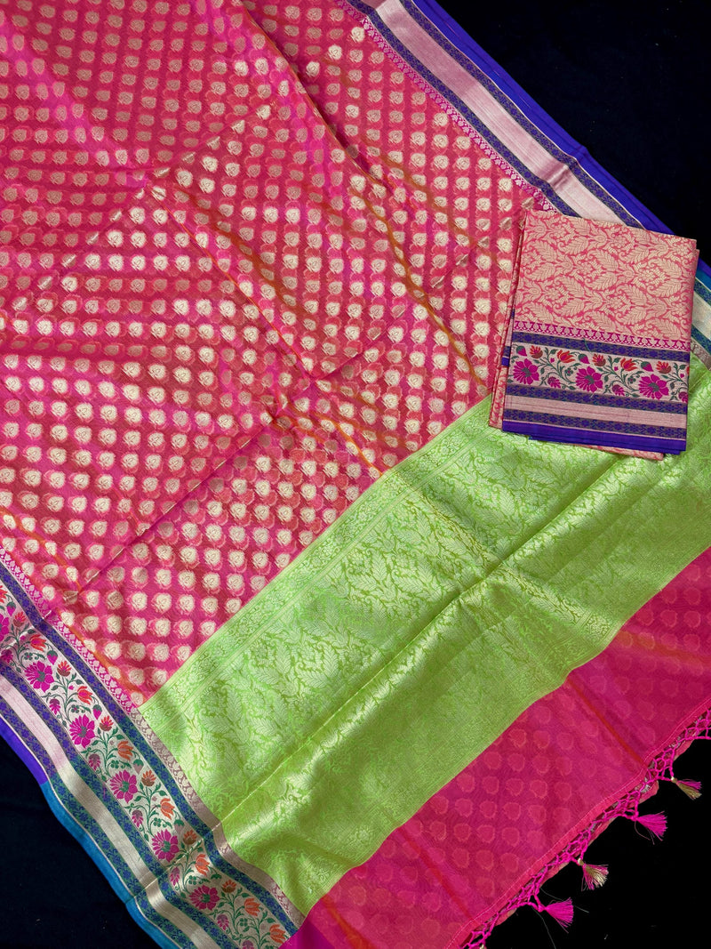 Handmade Peach Pink Color Banarasi Kora Organza Silk Saree with Meenakari Floral Border Work | Banarasi Light Weight Sarees