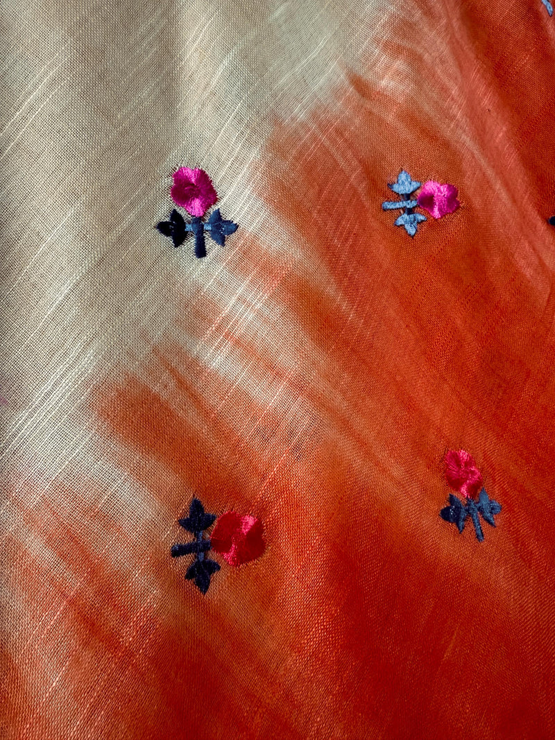 Beige and Orange Color Pure Linen By linen Saree with Floral Embroidery | Zari Borders with Tassels | Gift for Her | Ships from California