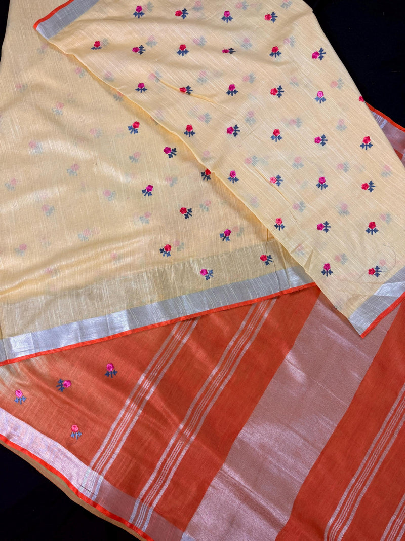 Beige and Orange Color Pure Linen By linen Saree with Floral Embroidery | Zari Borders with Tassels | Gift for Her | Ships from California