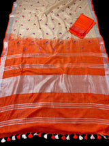 Beige and Orange Color Pure Linen By linen Saree with Floral Embroidery | Zari Borders with Tassels | Gift for Her | Ships from California