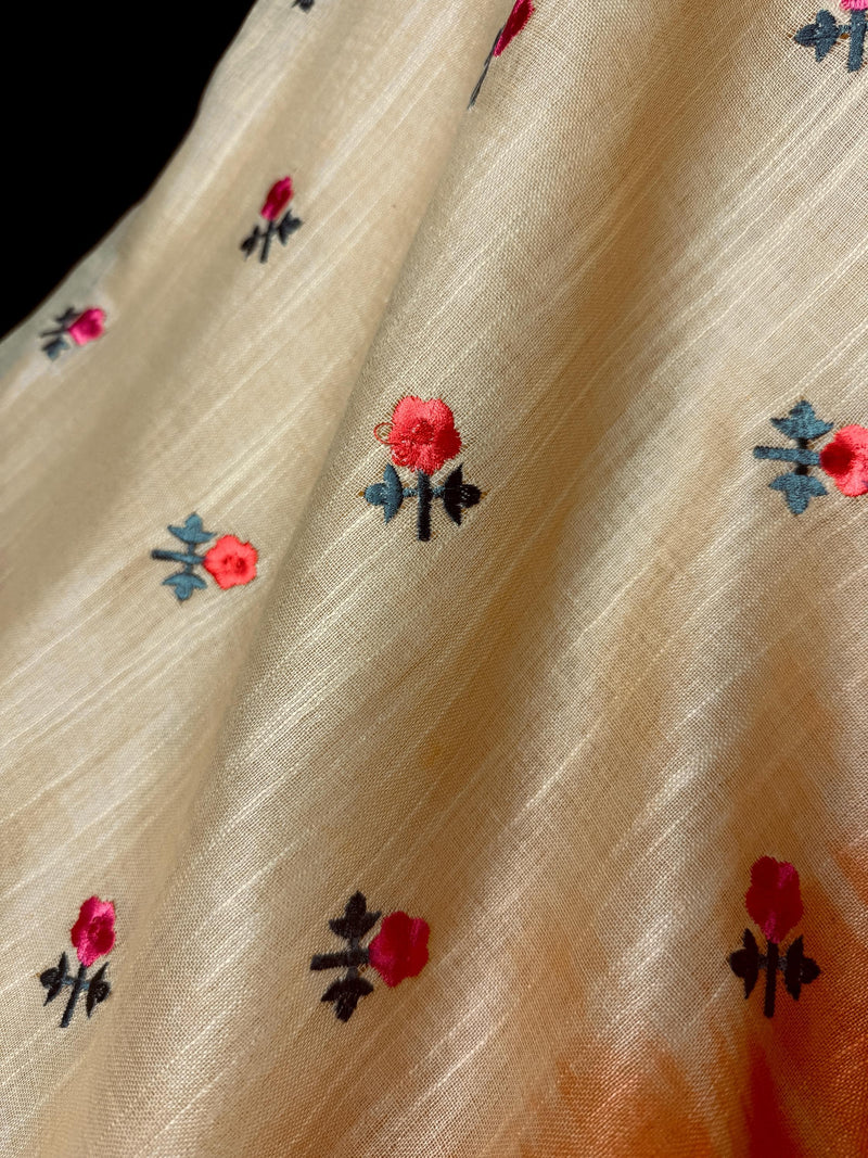 Beige and Orange Color Pure Linen By linen Saree with Floral Embroidery | Zari Borders with Tassels | Gift for Her | Ships from California