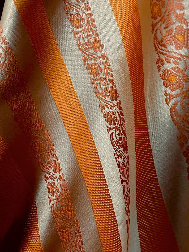 Beige Gold with Copper and Mustard Gold Striped Saree |  Banarasi Mashru Soft Silk with Tanchoi Saree and Jamawar Pallu | Resham Zari Weaved
