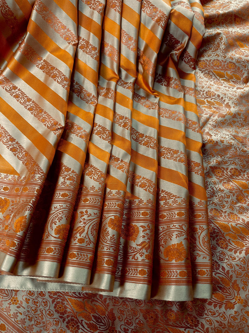 Beige Gold with Copper and Mustard Gold Striped Saree |  Banarasi Mashru Soft Silk with Tanchoi Saree and Jamawar Pallu | Resham Zari Weaved