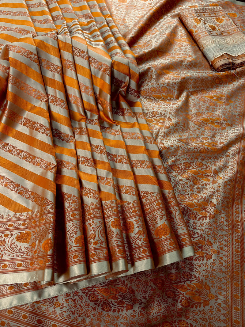 Beige Gold with Copper and Mustard Gold Striped Saree |  Banarasi Mashru Soft Silk with Tanchoi Saree and Jamawar Pallu | Resham Zari Weaved