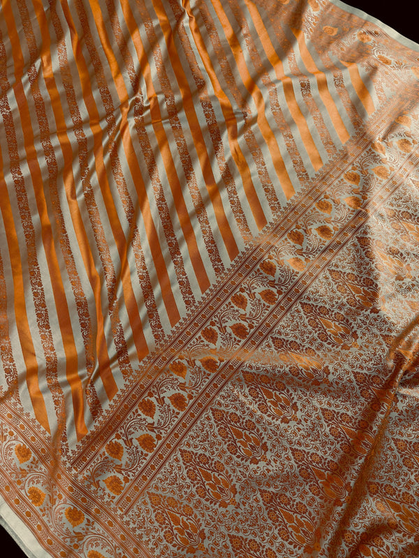 Beige Gold with Copper and Mustard Gold Striped Saree |  Banarasi Mashru Soft Silk with Tanchoi Saree and Jamawar Pallu | Resham Zari Weaved
