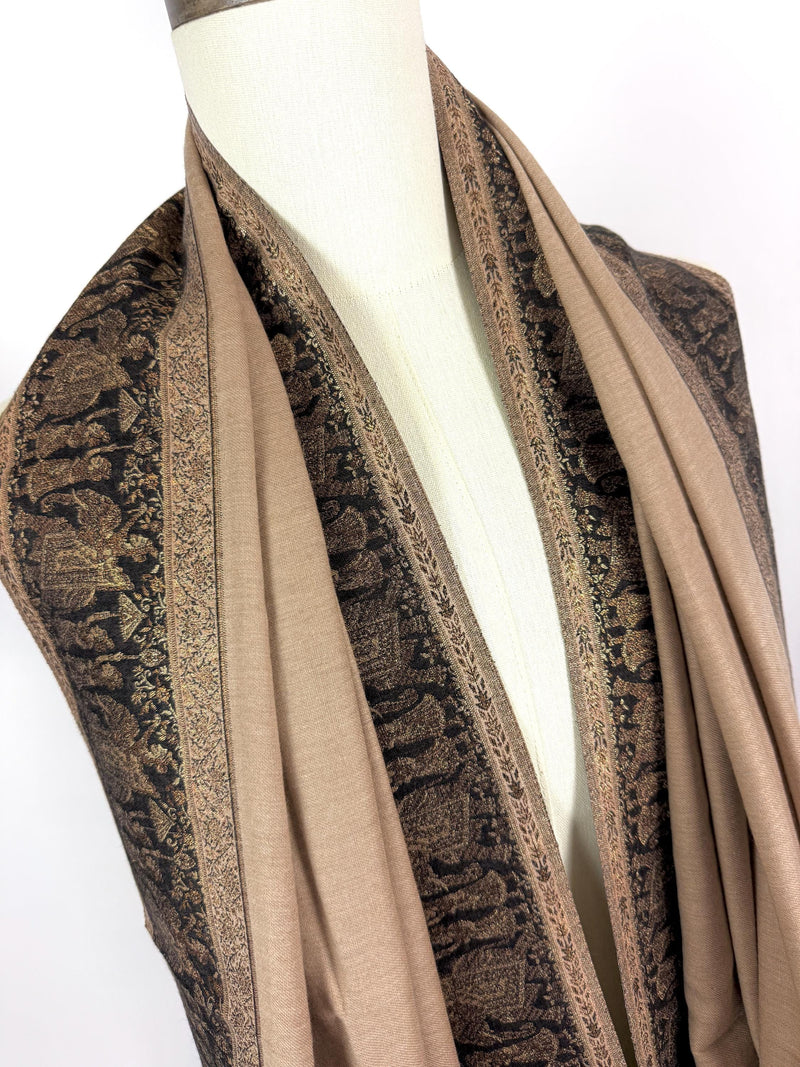 Beige and Black Wool Shawl | Black and Copper Gold Resham Aari Thread Work Shawl with Historial Figures and Elephants | Gift For Her