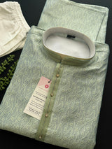 Designer Pastel Sea Green Men's Kurta with bottom with Embossed Embroidery Work | Kurta Sets for Wedding and Parties