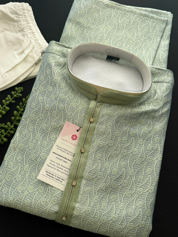Designer Pastel Sea Green Men's Kurta with bottom with Embossed Embroidery Work | Kurta Sets for Wedding and Parties