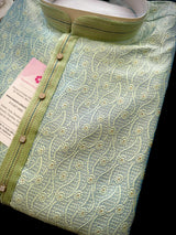 Designer Pastel Sea Green Men's Kurta with bottom with Embossed Embroidery Work | Kurta Sets for Wedding and Parties
