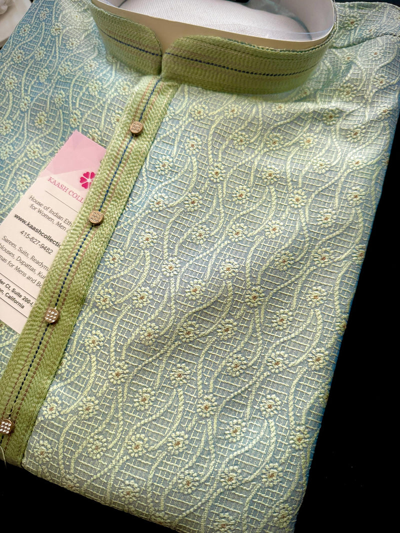 Designer Pastel Sea Green Men's Kurta with bottom with Embossed Embroidery Work | Kurta Sets for Wedding and Parties