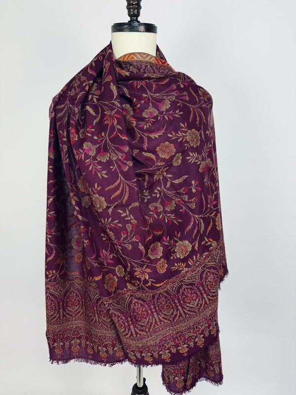 Purple Kashmiri Wool Shawl in Kani Weave traditional Pattern | Eggplant Purple Color Cashmere Wrap | Wool Shawl for Gift