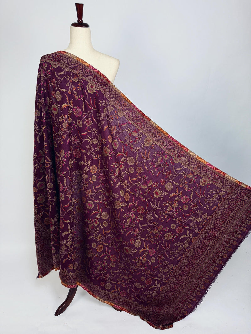 Purple Kashmiri Wool Shawl in Kani Weave traditional Pattern | Eggplant Purple Color Cashmere Wrap | Wool Shawl for Gift