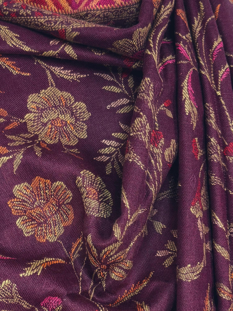 Purple Kashmiri Wool Shawl in Kani Weave traditional Pattern | Eggplant Purple Color Cashmere Wrap | Wool Shawl for Gift