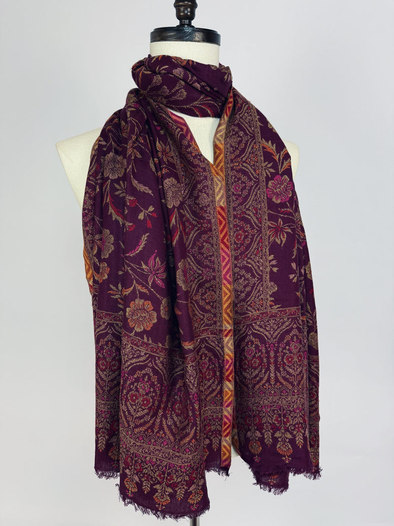 Purple Kashmiri Wool Shawl in Kani Weave traditional Pattern | Eggplant Purple Color Cashmere Wrap | Wool Shawl for Gift