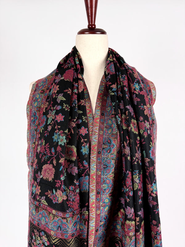 Black Color Premium Pashmina Kani Weave Kashmiri Shawl | Kani Weave Cashmere Wrap | Wool Stole and Wraps | Ships from California