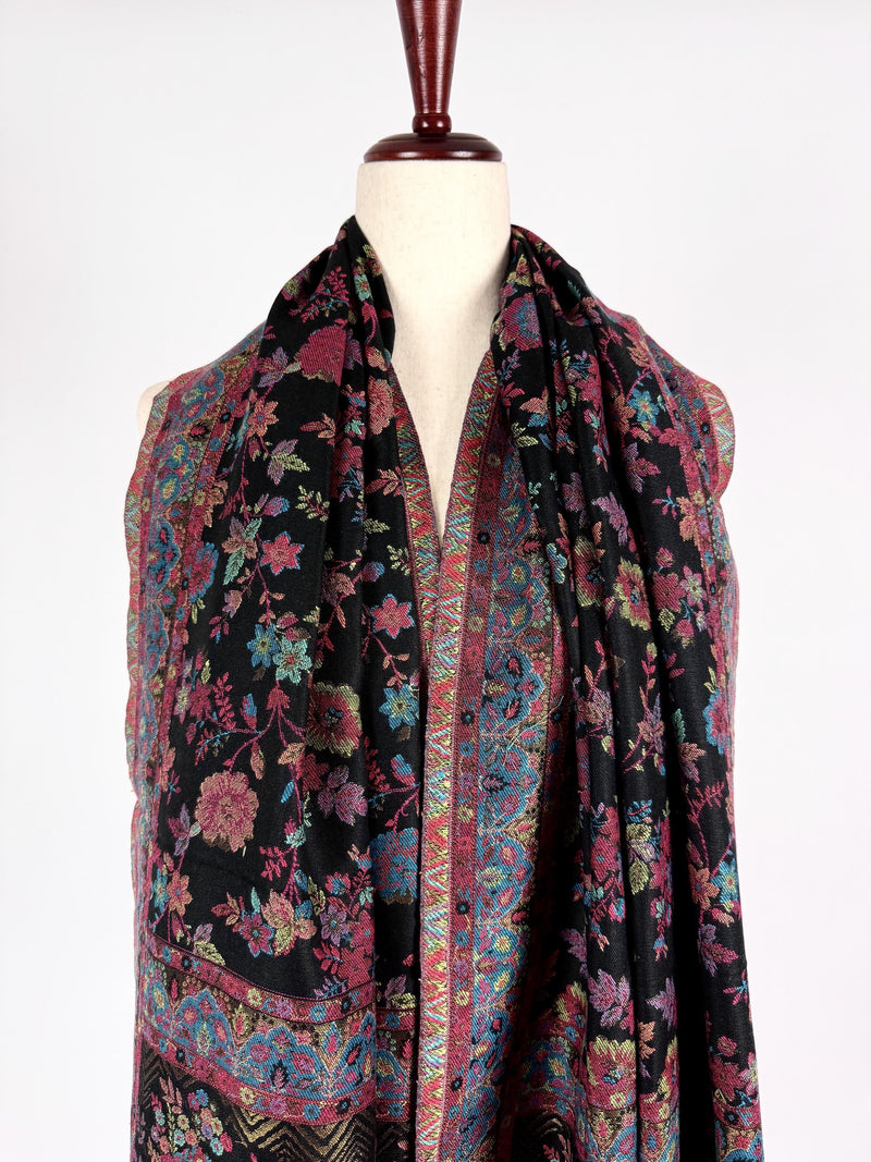 Black Color Premium Pashmina Kani Weave Kashmiri Shawl | Kani Weave Cashmere Wrap | Wool Stole and Wraps | Ships from California