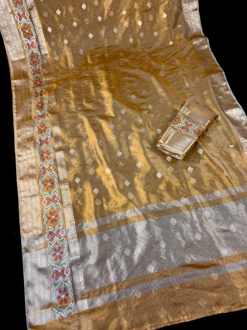 Statement Gold Color Banarasi Tissue Saree with Temple Border | Light Weight Tissue Sarees | Tissue Silk Sarees | Ships from California