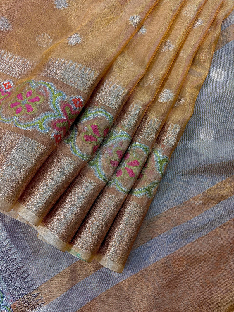 Statement Gold Color Banarasi Tissue Saree with Temple Border | Light Weight Tissue Sarees | Tissue Silk Sarees | Ships from California