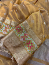 Statement Gold Color Banarasi Tissue Saree with Temple Border | Light Weight Tissue Sarees | Tissue Silk Sarees | Ships from California