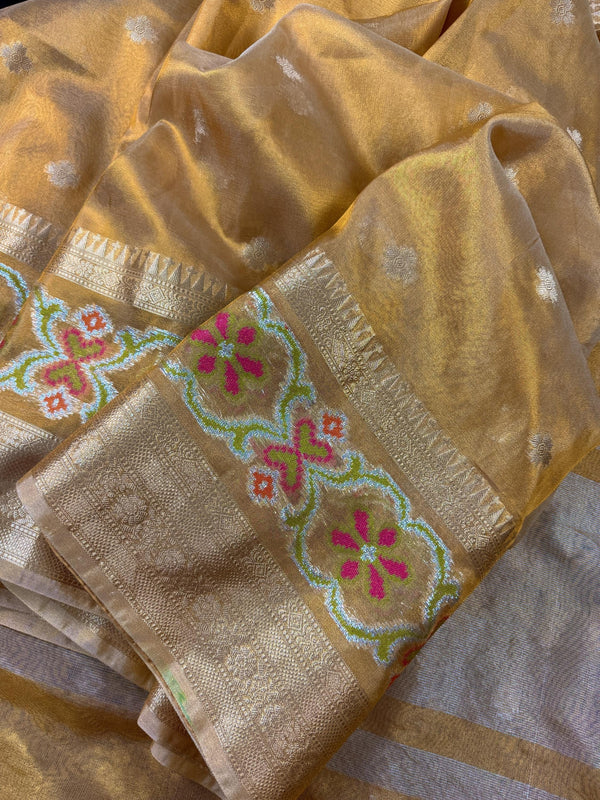 Statement Gold Color Banarasi Tissue Saree with Temple Border | Light Weight Tissue Sarees | Tissue Silk Sarees | Ships from California