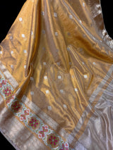 Statement Gold Color Banarasi Tissue Saree with Temple Border | Light Weight Tissue Sarees | Tissue Silk Sarees | Ships from California