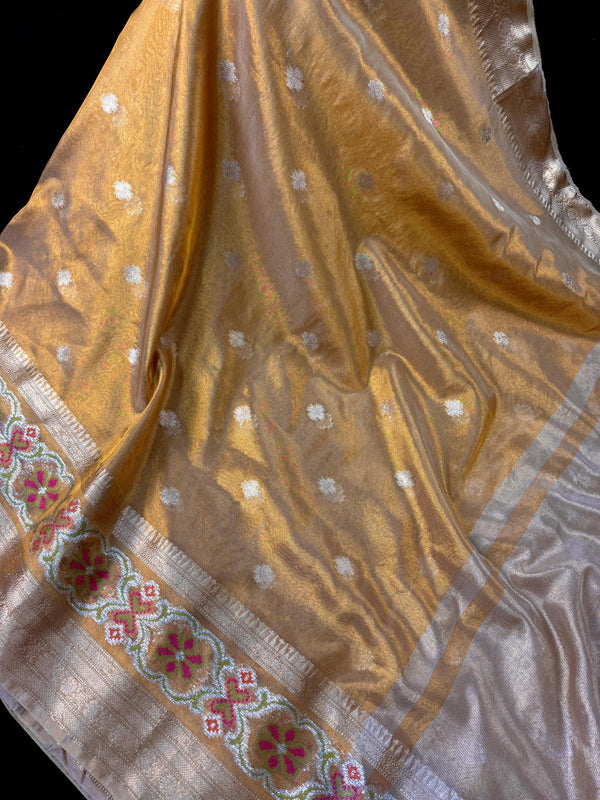 Statement Gold Color Banarasi Tissue Saree with Temple Border | Light Weight Tissue Sarees | Tissue Silk Sarees | Ships from California