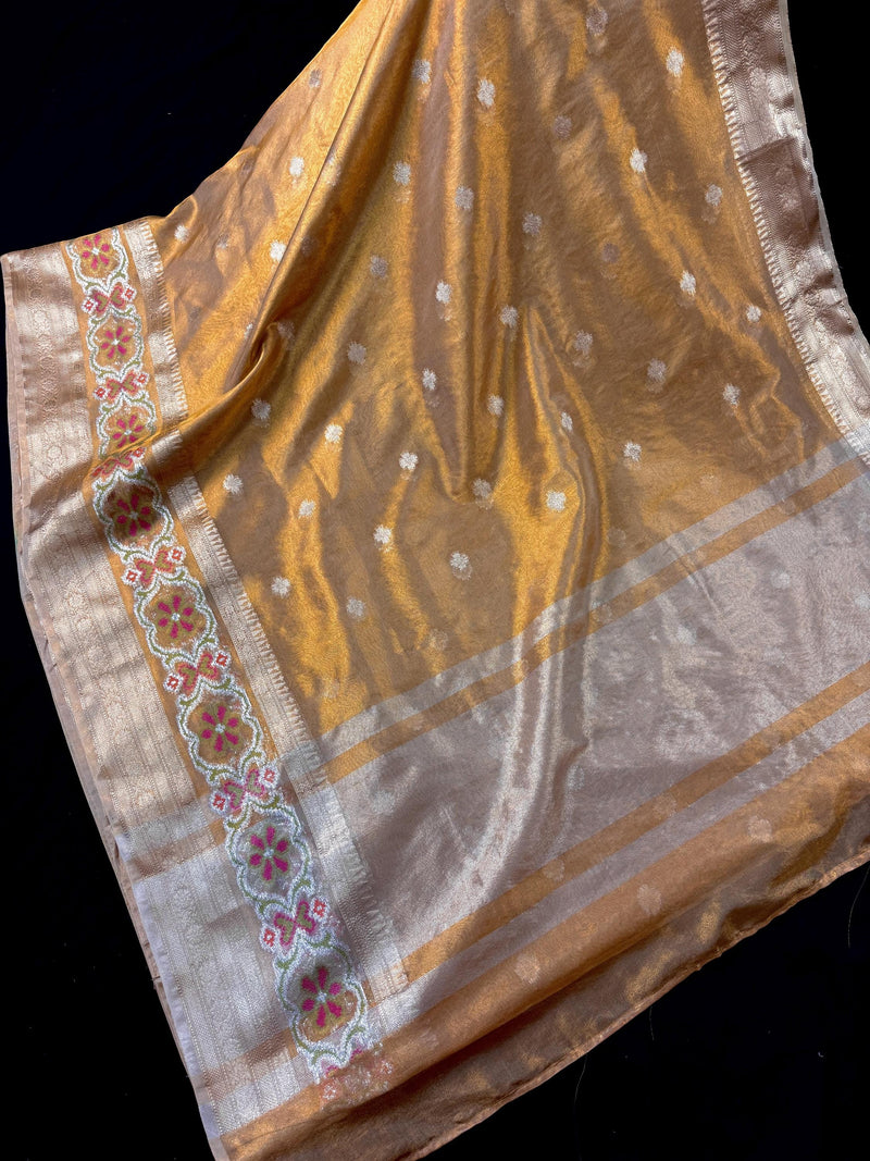 Statement Gold Color Banarasi Tissue Saree with Temple Border | Light Weight Tissue Sarees | Tissue Silk Sarees | Ships from California