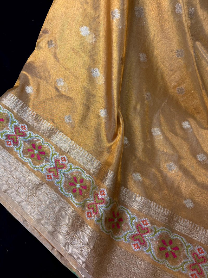Statement Gold Color Banarasi Tissue Saree with Temple Border | Light Weight Tissue Sarees | Tissue Silk Sarees | Ships from California