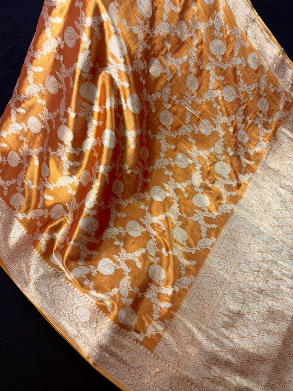 Statement Copper Color Banarasi Satin Tissue Silk Saree with Floral Jaal Weave in Muted Gold Zari | Copper Color Saree | Satin Tissue Sarees