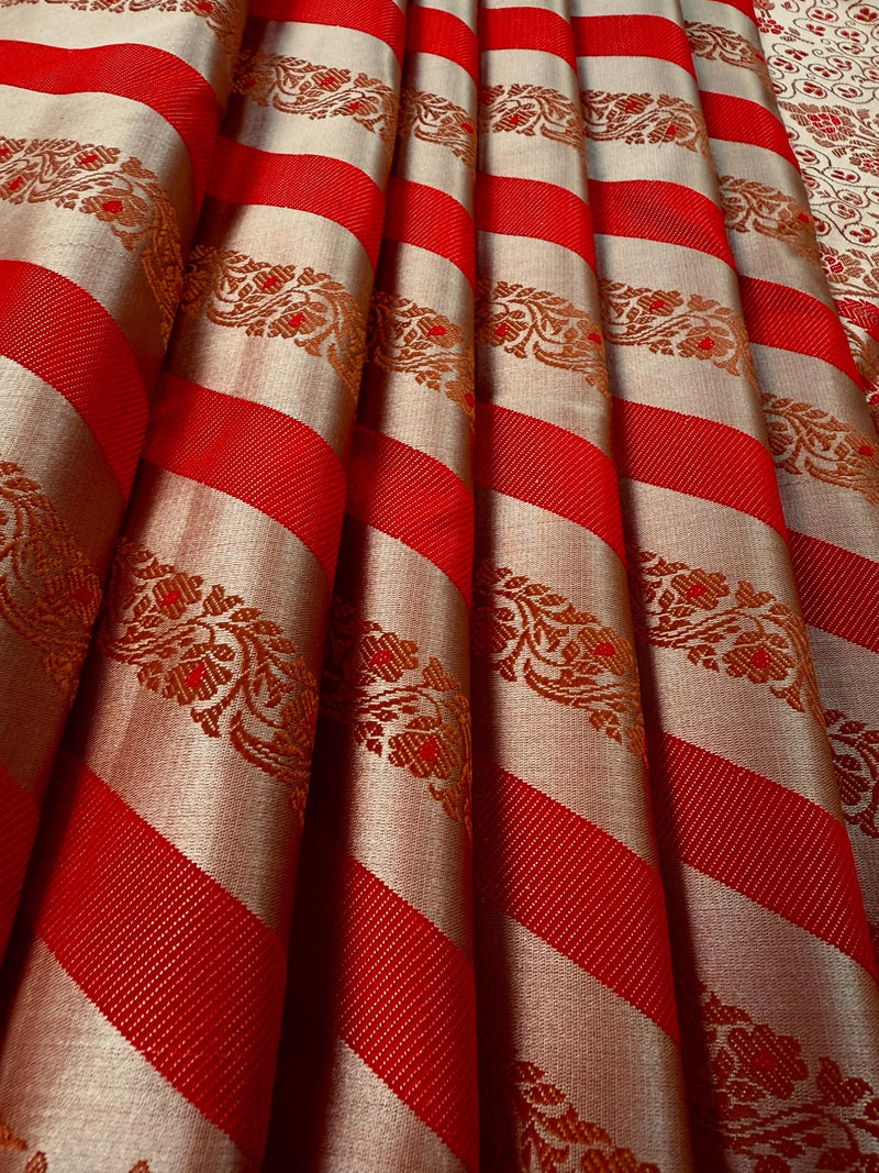 Red with Copper Base Striped Saree |  Banarasi Mashru Soft Silk with Tanchoi Saree and Jamawar Pallu | Resham Zari Weaved