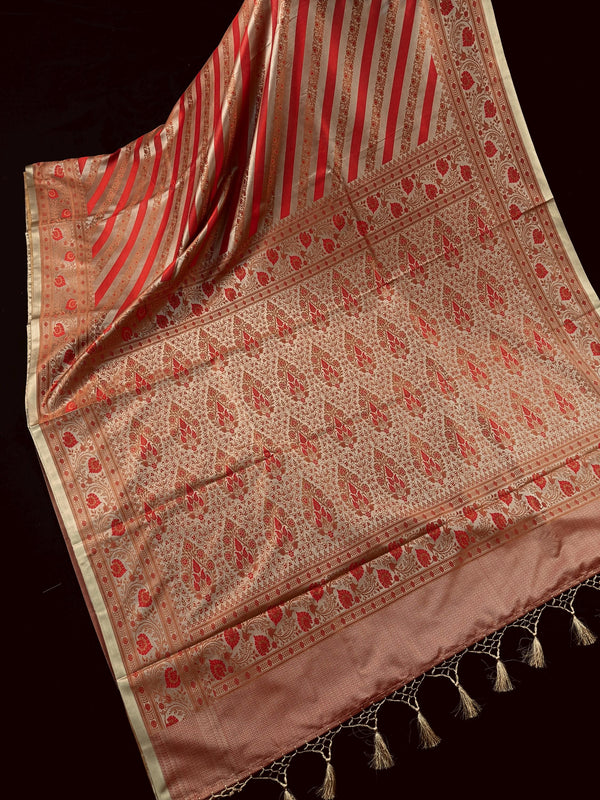 Red with Copper Base Striped Saree |  Banarasi Mashru Soft Silk with Tanchoi Saree and Jamawar Pallu | Resham Zari Weaved
