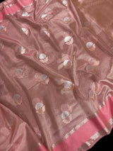 Dusty Rose Pink Color Soft Tissue Kora Silk Saree with Banarasi Borders and Pallu | Copper and Sliver Leaves Buttas | Ships from California