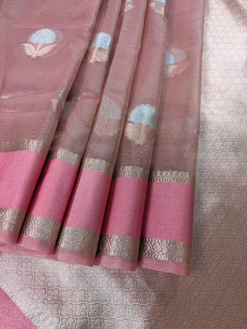 Dusty Rose Pink Color Soft Tissue Kora Silk Saree with Banarasi Borders and Pallu | Copper and Sliver Leaves Buttas | Ships from California