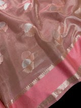 Dusty Rose Pink Color Soft Tissue Kora Silk Saree with Banarasi Borders and Pallu | Copper and Sliver Leaves Buttas | Ships from California