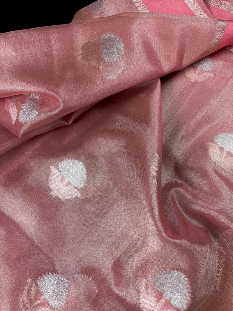 Dusty Rose Pink Color Soft Tissue Kora Silk Saree with Banarasi Borders and Pallu | Copper and Sliver Leaves Buttas | Ships from California