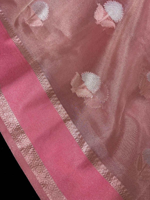 Dusty Rose Pink Color Soft Tissue Kora Silk Saree with Banarasi Borders and Pallu | Copper and Sliver Leaves Buttas | Ships from California