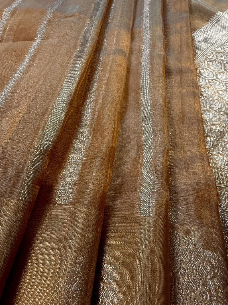 Statement Handmade Gold Color Banarasi Tissue Saree | Light Weight Zari Striped Tissue Sarees | Tissue Silk Sarees | Ships from California