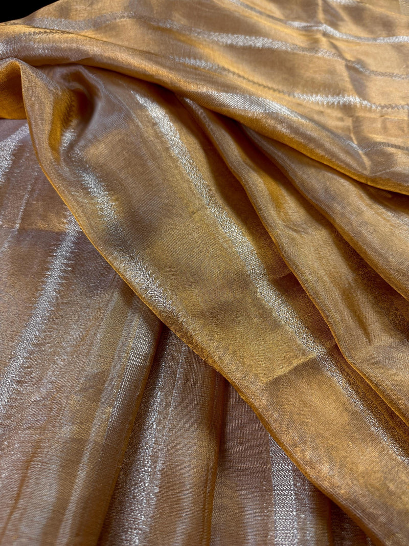 Statement Handmade Gold Color Banarasi Tissue Saree | Light Weight Zari Striped Tissue Sarees | Tissue Silk Sarees | Ships from California