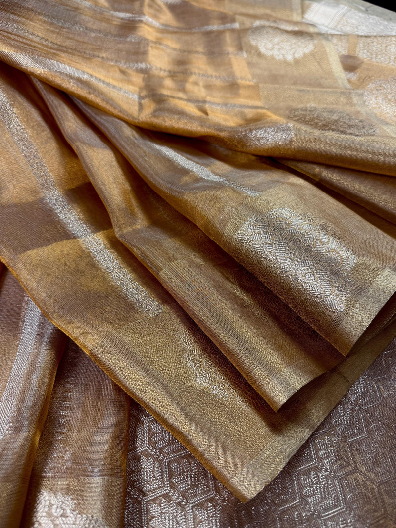 Statement Handmade Gold Color Banarasi Tissue Saree | Light Weight Zari Striped Tissue Sarees | Tissue Silk Sarees | Ships from California