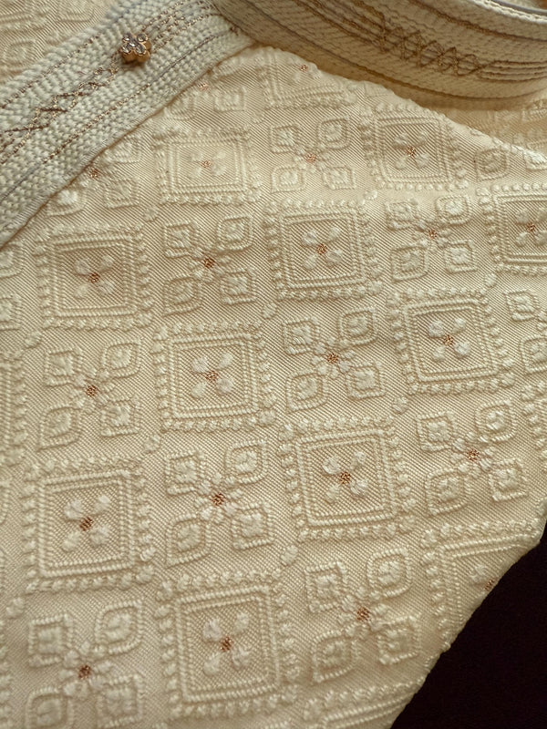 Cream Color Men Kurta Pajama with Embossed Embroidery and Zari | Sherwani Style Kurta  | Wedding Kurtas | Kurta Store USA