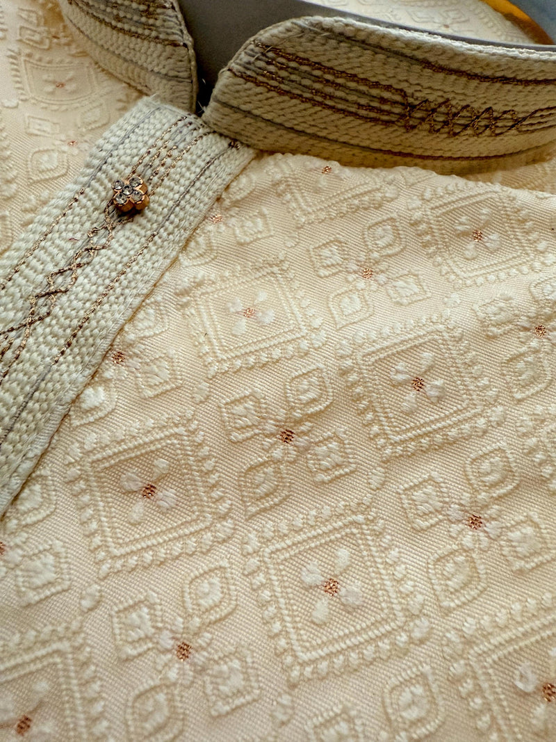 Cream Color Men Kurta Pajama with Embossed Embroidery and Zari | Sherwani Style Kurta  | Wedding Kurtas | Kurta Store USA