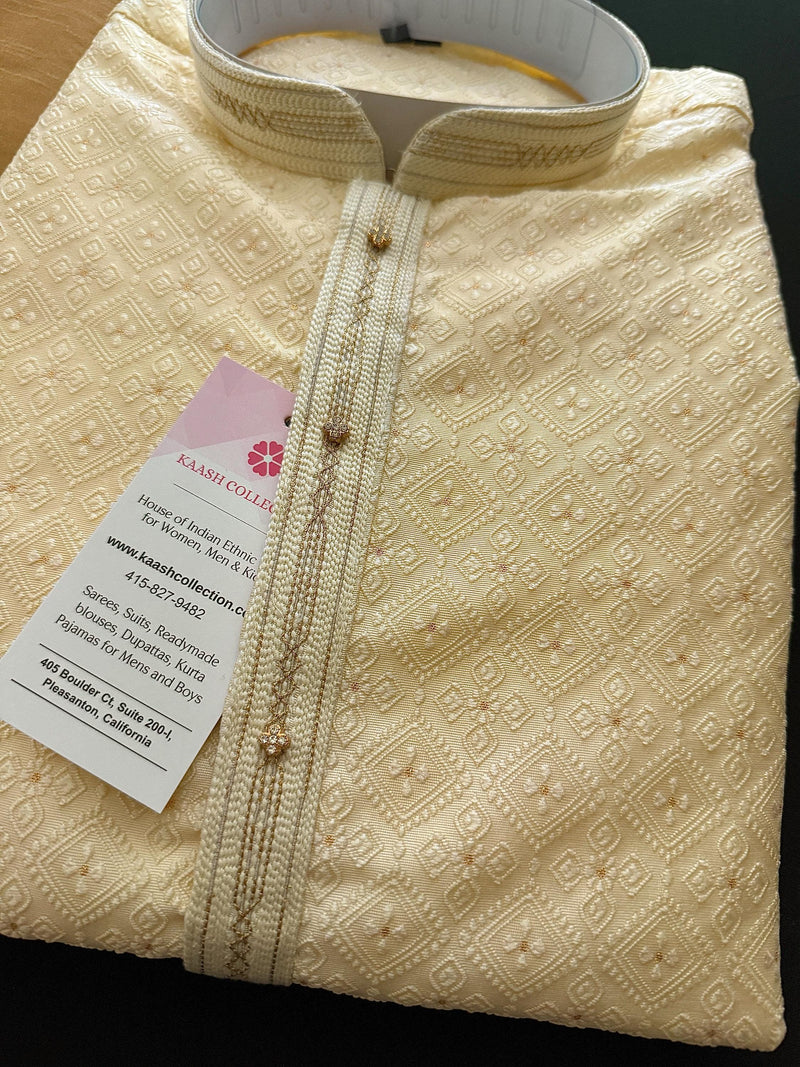 Cream Color Men Kurta Pajama with Embossed Embroidery and Zari | Sherwani Style Kurta  | Wedding Kurtas | Kurta Store USA