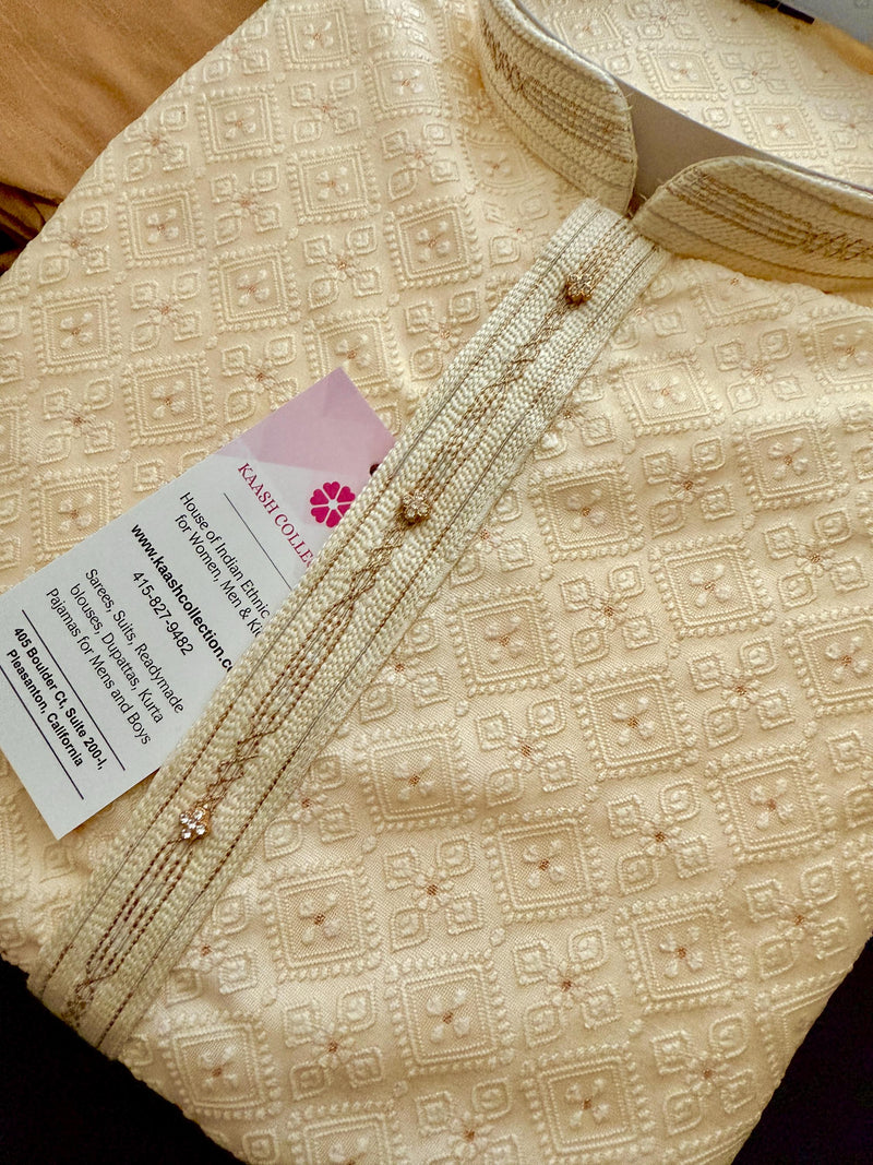 Cream Color Men Kurta Pajama with Embossed Embroidery and Zari | Sherwani Style Kurta  | Wedding Kurtas | Kurta Store USA
