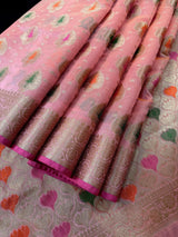 Peach Pink Color Semi Banarasi Silk Saree with Buttas and Meenakari Weaving with Brocade Blouse | Banarasi Sarees | Gift for Her