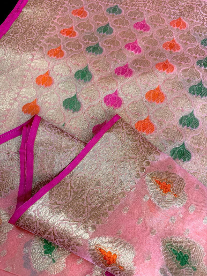 Peach Pink Color Semi Banarasi Silk Saree with Buttas and Meenakari Weaving with Brocade Blouse | Banarasi Sarees | Gift for Her